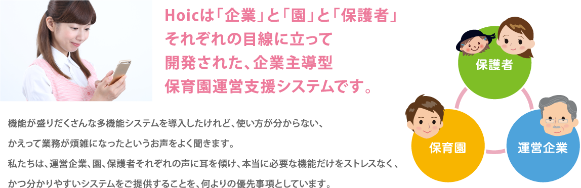 Hoicは「企業」と「園」と「保護者」それぞれの目線に立って開発された、企業主導型保育園運営支援システムです。