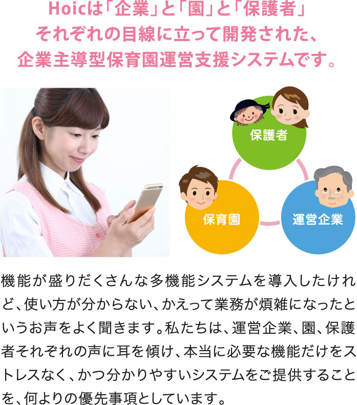 Hoicは「企業」と「園」と「保護者」それぞれの目線に立って開発された、企業主導型保育園運営支援システムです。